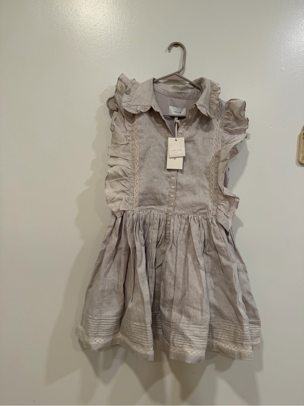 Linen-Blend Cream Ruffle Mini Dress with Button Front - Picture 5 of 7